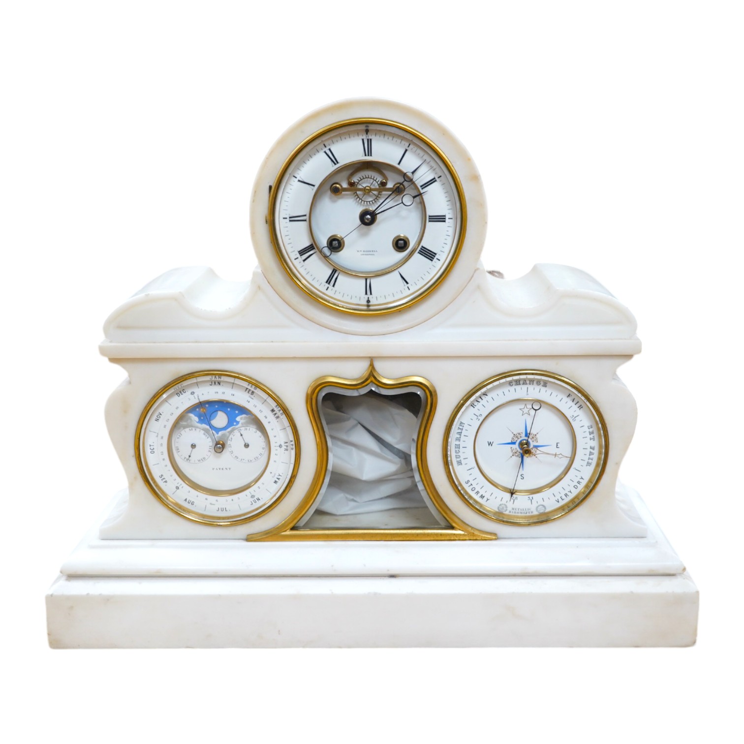 A good late 19th century white marble combination mantel clock, calendar and barometer, with sweep seconds hand, 52cm wide. Condition - fair to good